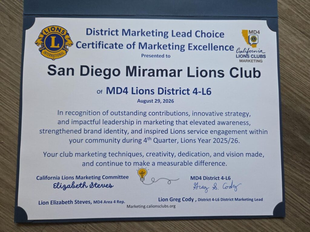 SDMLC - Certificate of Marketing Excellence Award for Quarter 4 of Lions Year 2025/26
